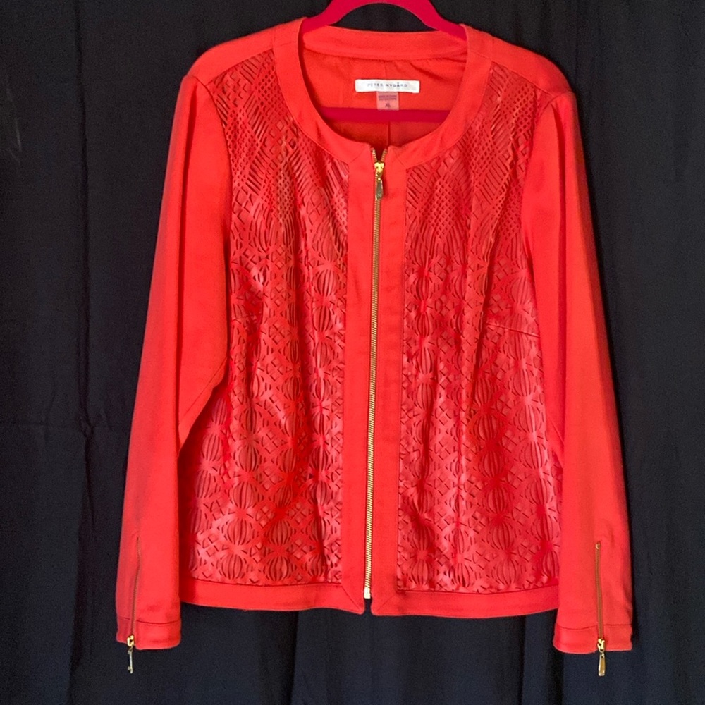 PETER NYGARD Red Cutout Filagree Design faux-leather lined jacket Size X-Large